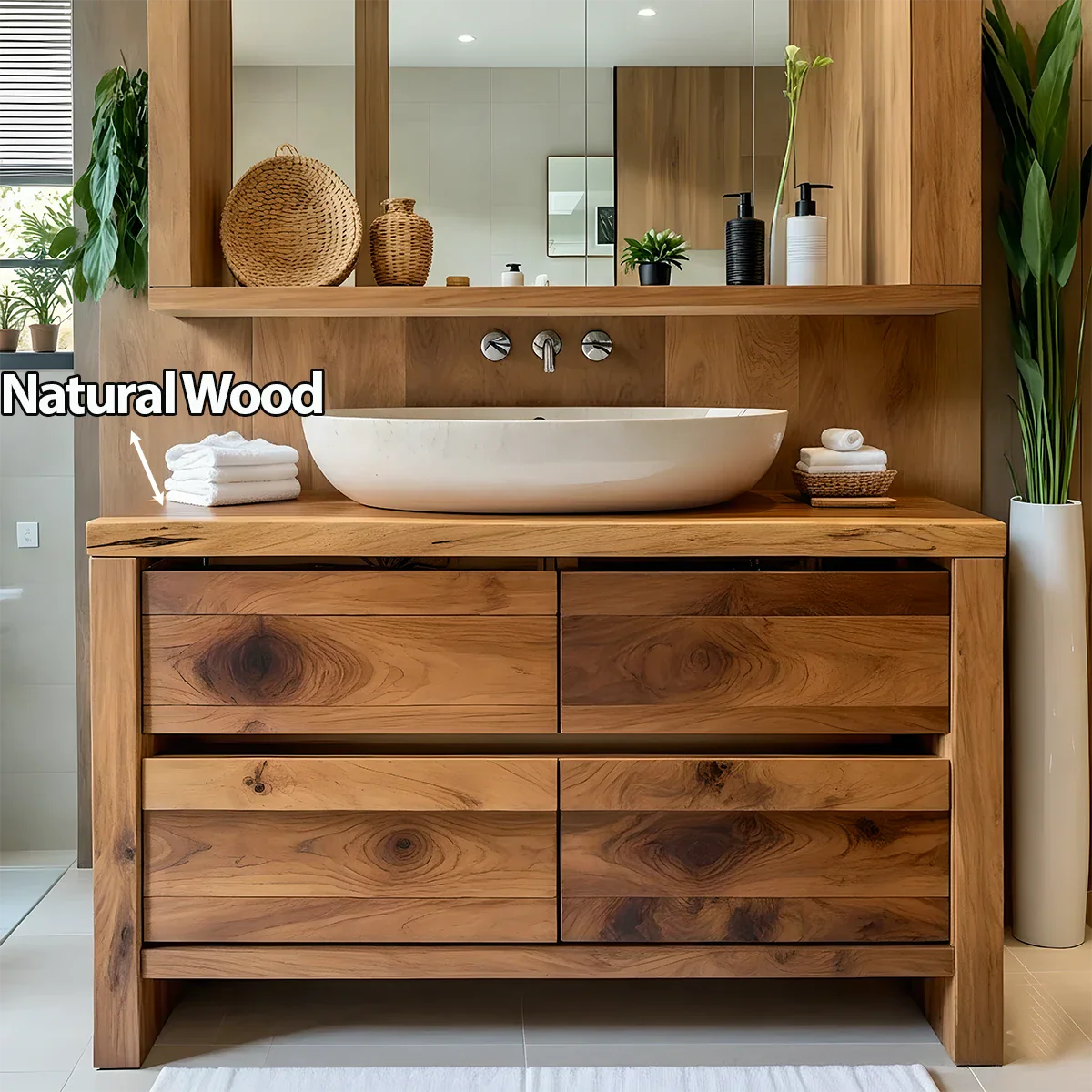 Modern Natural Solid Wood Vanity with Wide Grain Drawers - Rustira