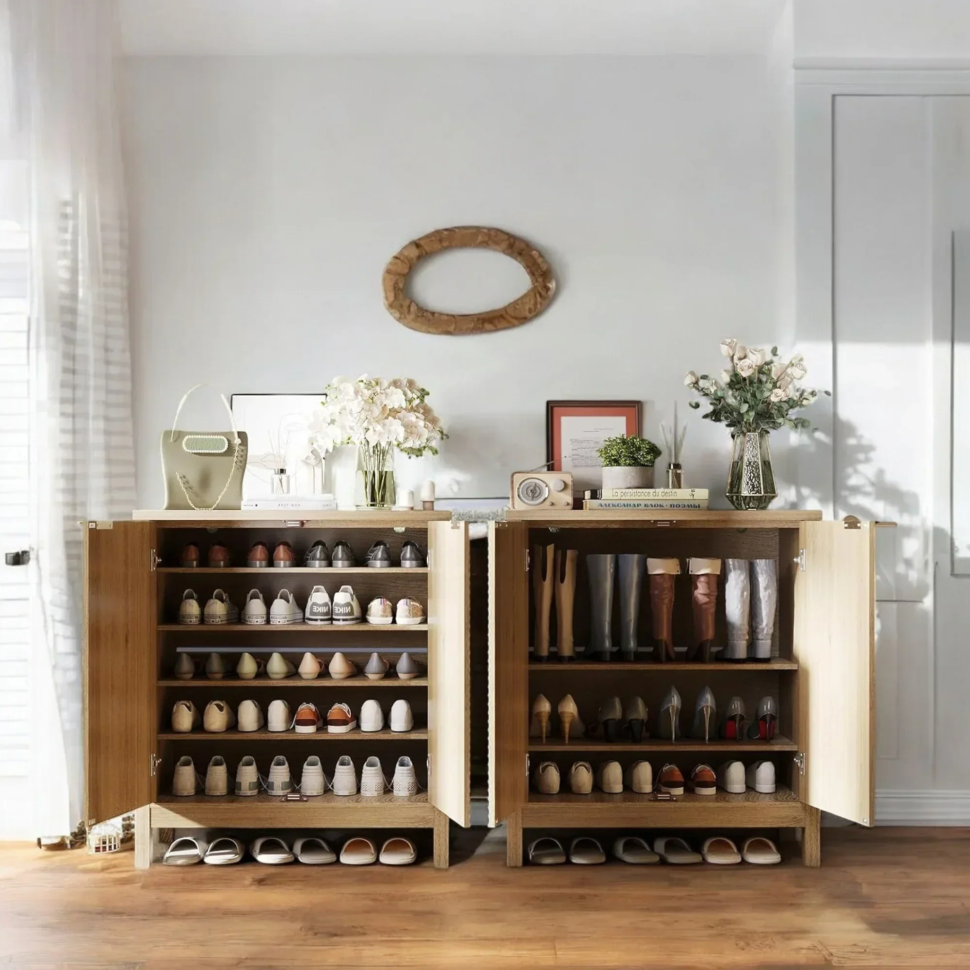 Modern Natural Wood Shoe Cabinet with Sliding Door – 6-Tier Storage 