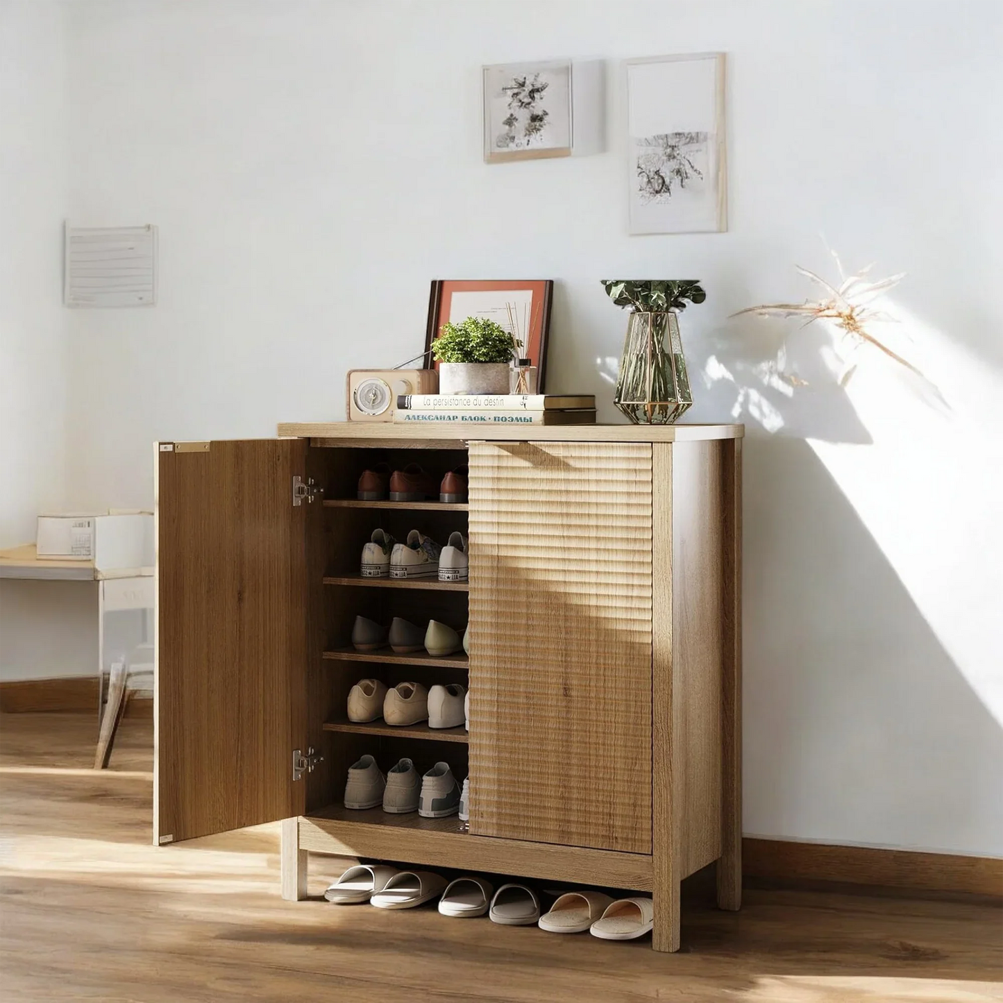 Modern Natural Wood Shoe Cabinet with Sliding Door – 6-Tier Storage 