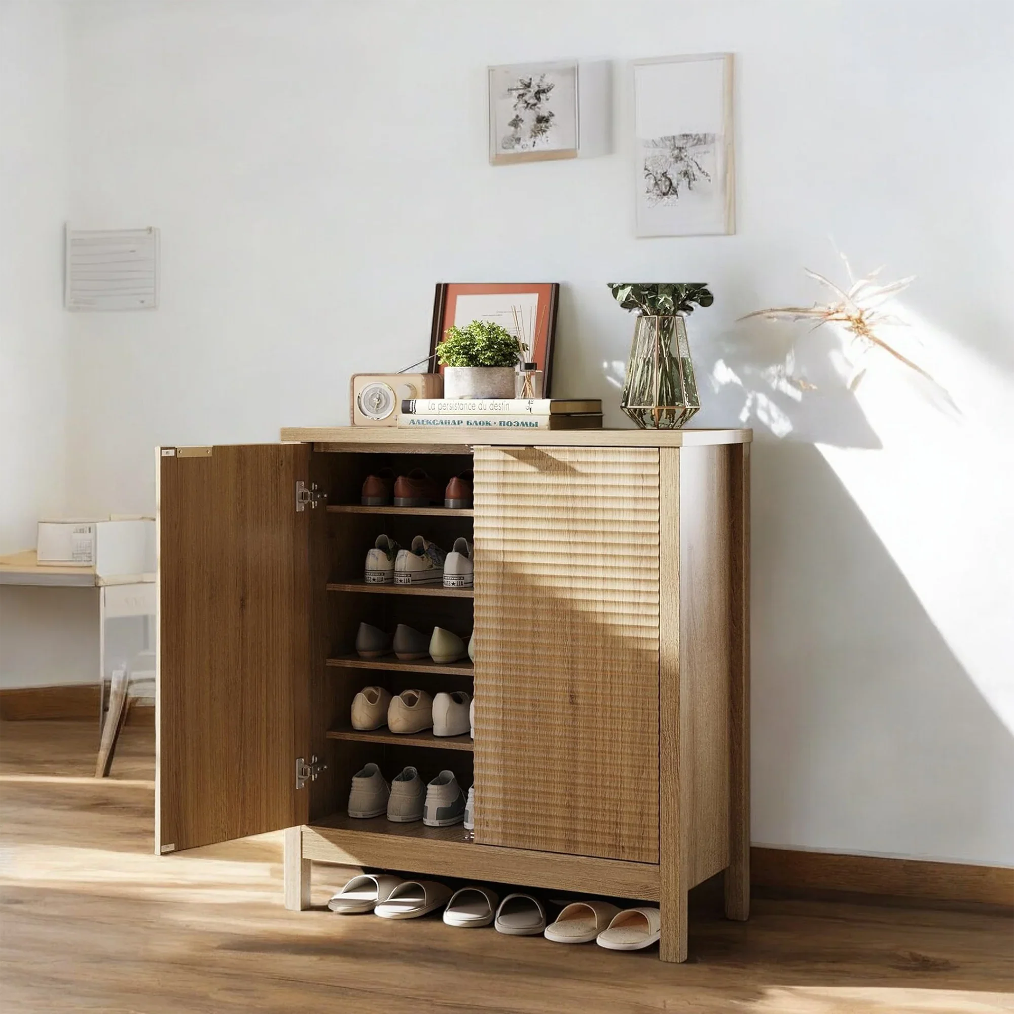 Modern Natural Wood Shoe Cabinet with Sliding Door – 6-Tier Storage 