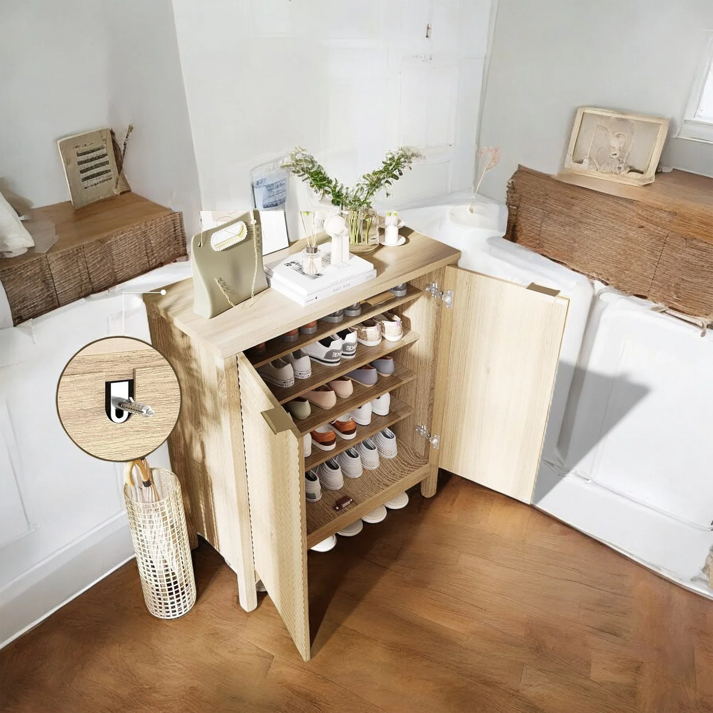 Modern Natural Wood Shoe Cabinet with Sliding Door – 6-Tier Storage 
