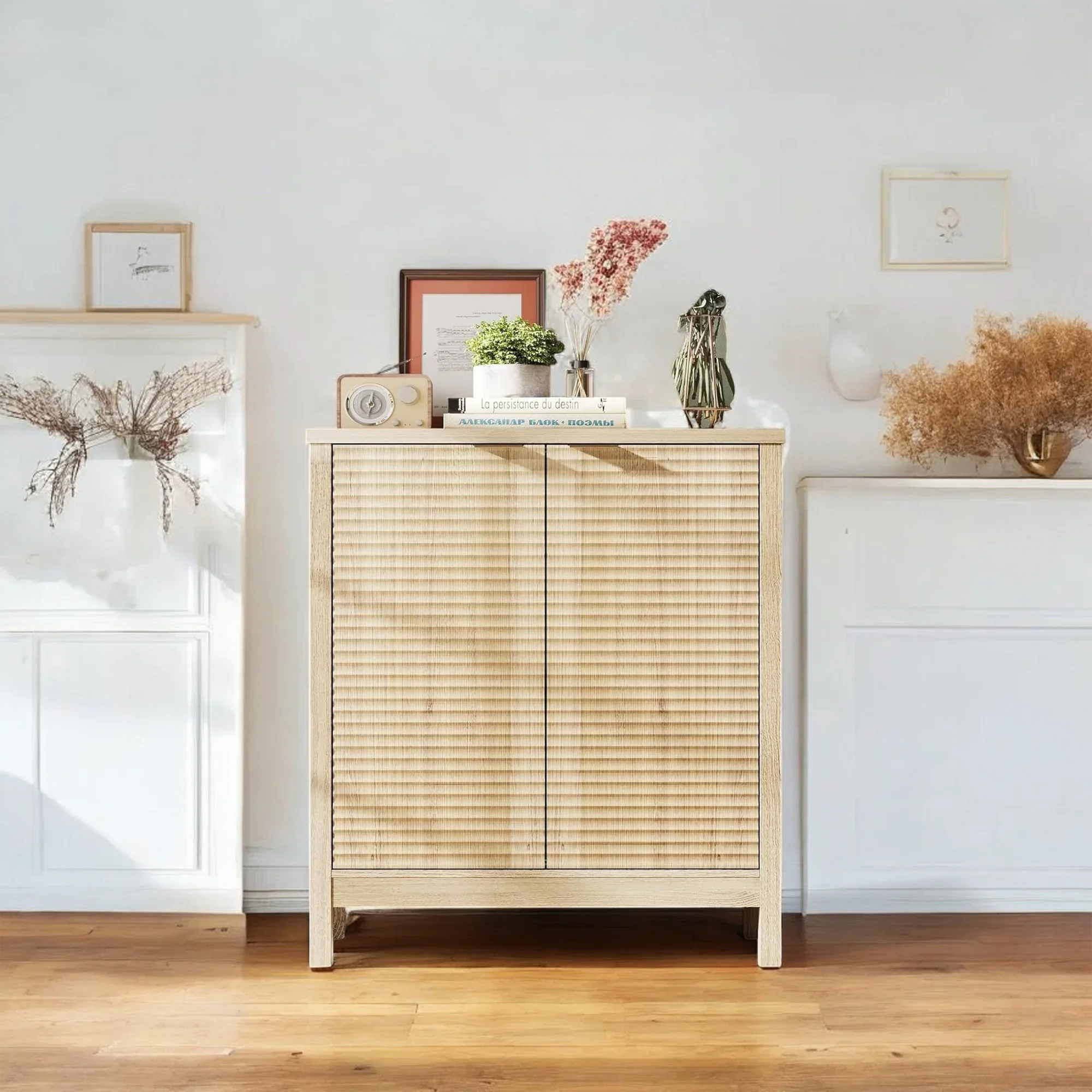 Modern Natural Wood Shoe Cabinet with Sliding Door – 6-Tier Storage 