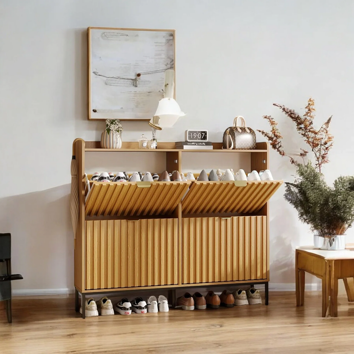 Modern Oak Shoe Cabinet with 3 Doors & Open Shelf 