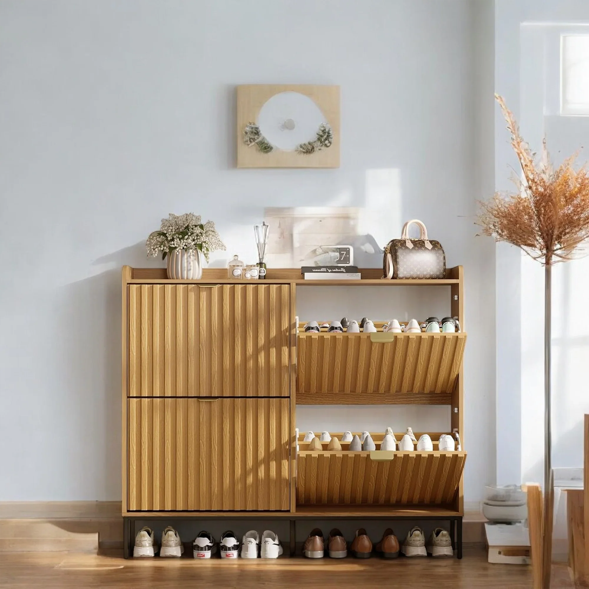 Modern Oak Shoe Cabinet with 3 Doors & Open Shelf 