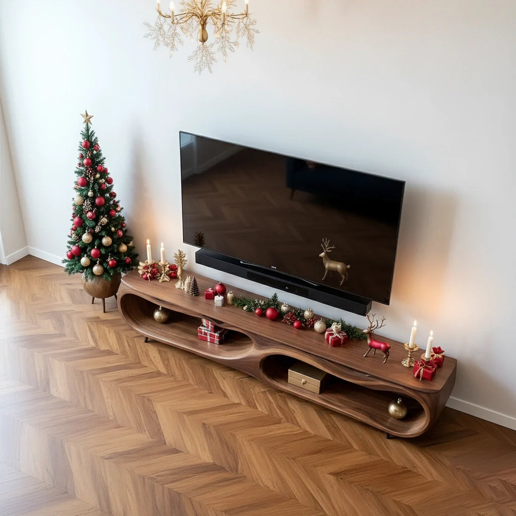 Modern Organic Solid Wood TV Stand with Sculptural Curved Design - Rustira
