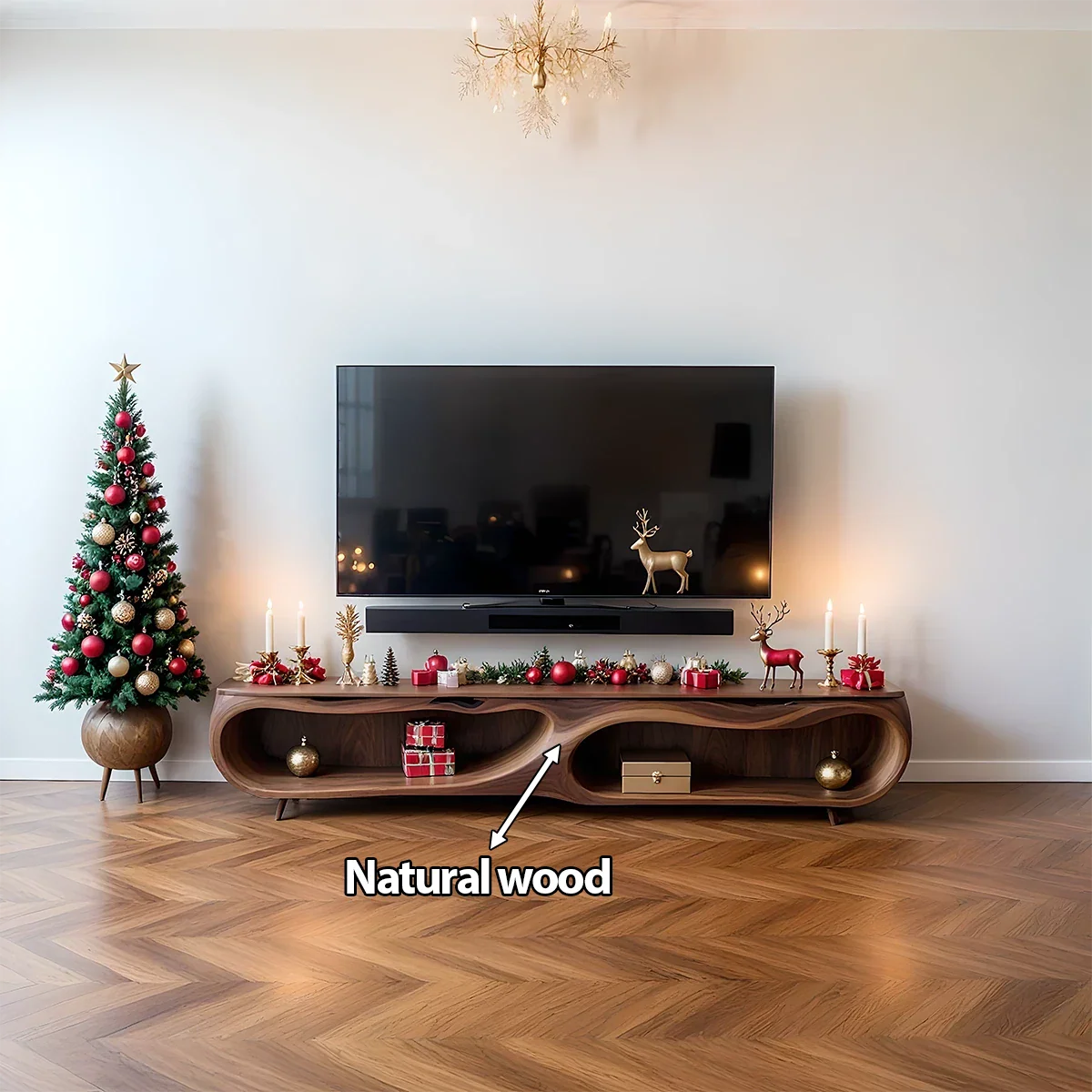 Modern Organic Solid Wood TV Stand with Sculptural Curved Design - Rustira