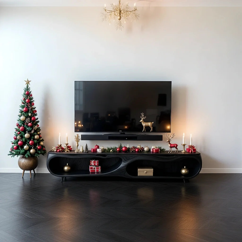 Modern Organic Solid Wood TV Stand with Sculptural Curved Design - Rustira