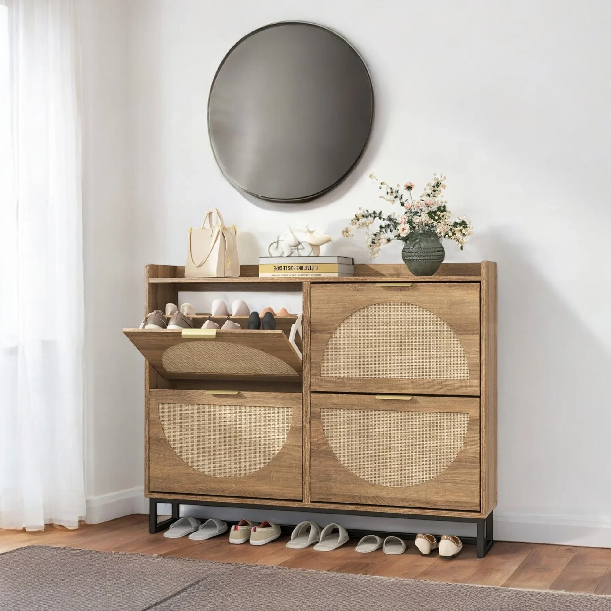 Modern Rattan-Style 4-Tier Shoe Cabinet with Slim Storage Design 