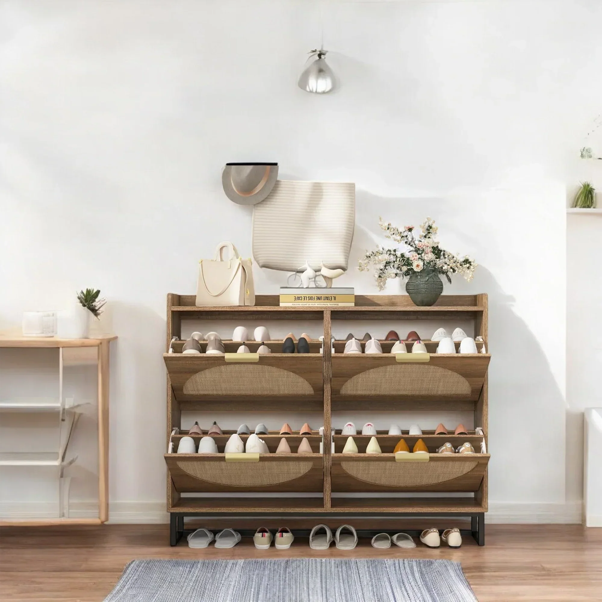 Modern Rattan-Style 4-Tier Shoe Cabinet with Slim Storage Design 