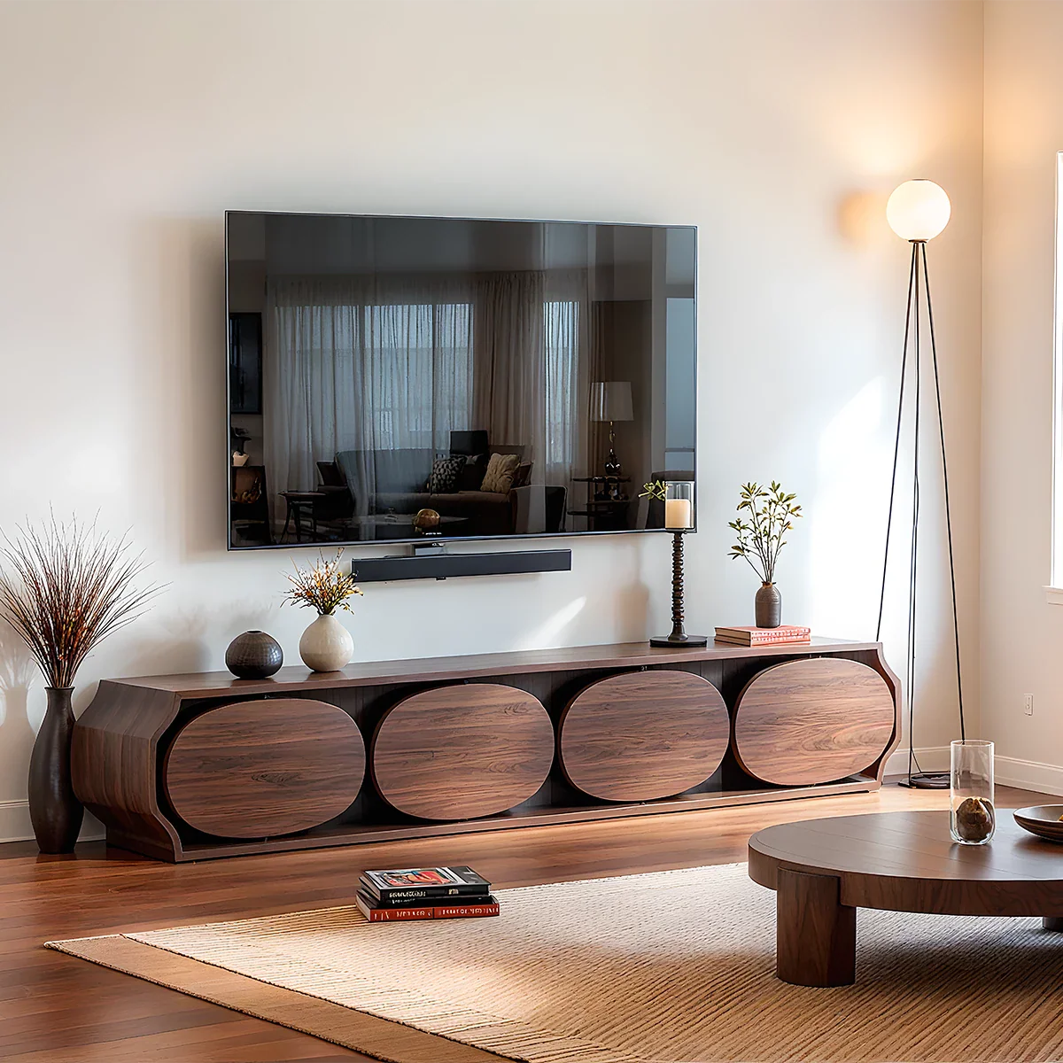 Modern Round-Panel Walnut TV Console With Sculpted Curves - Rustira