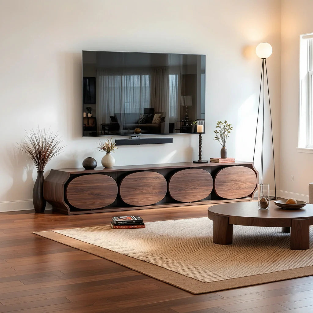 Modern Round-Panel Walnut TV Console With Sculpted Curves - Rustira