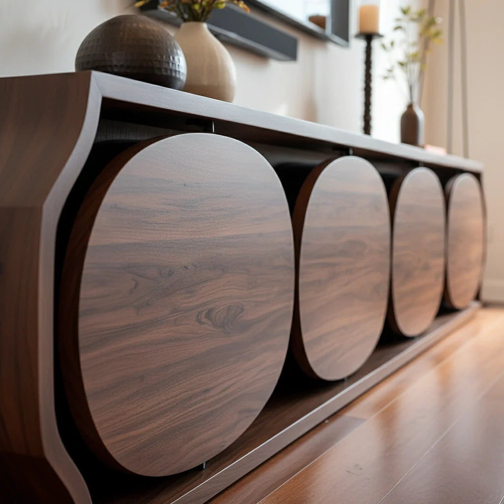 Modern Round-Panel Walnut TV Console With Sculpted Curves - Rustira