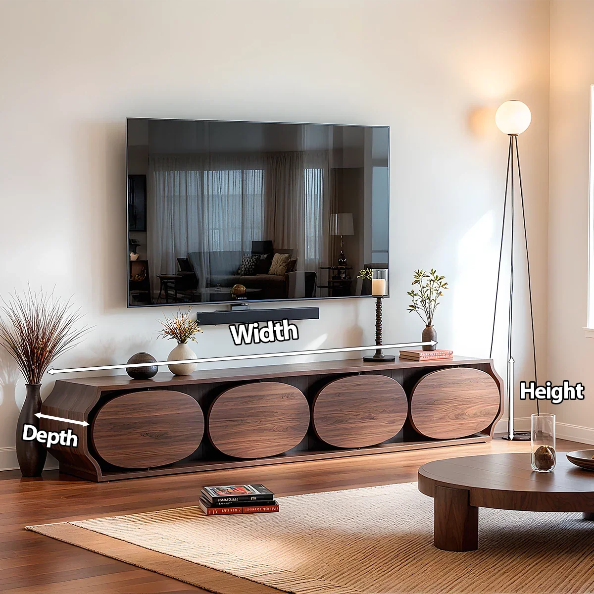 Modern Round-Panel Walnut TV Console With Sculpted Curves - Rustira
