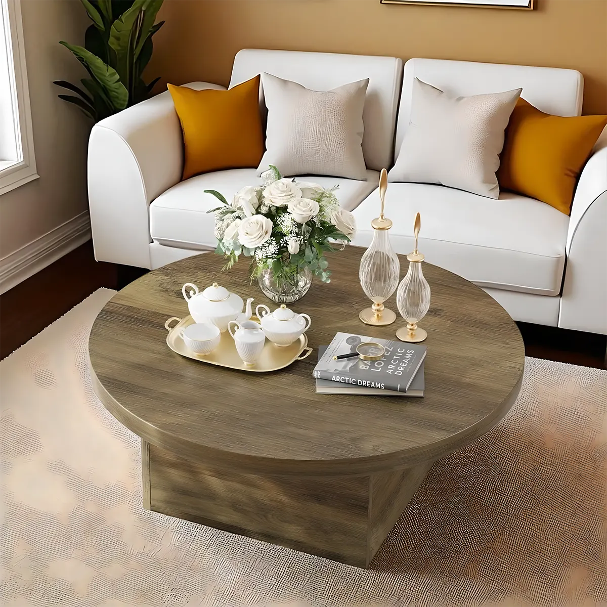 Modern Round Wooden Coffee Table – Nordic Design, Sturdy Box Legs 