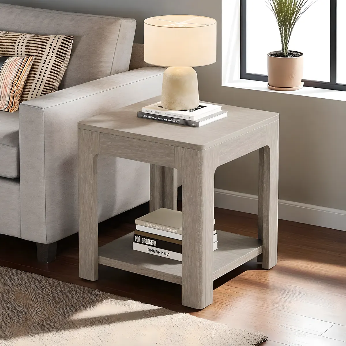 Modern Simple Corner Table, Light Gray Wood Decorative Shelf 