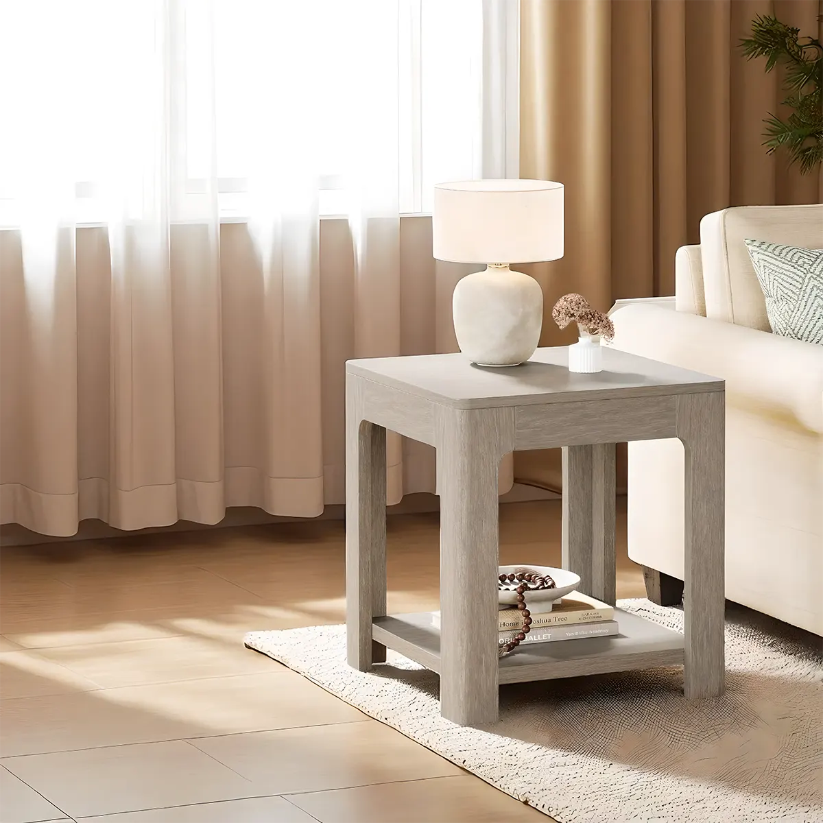 Modern Simple Corner Table, Light Gray Wood Decorative Shelf 