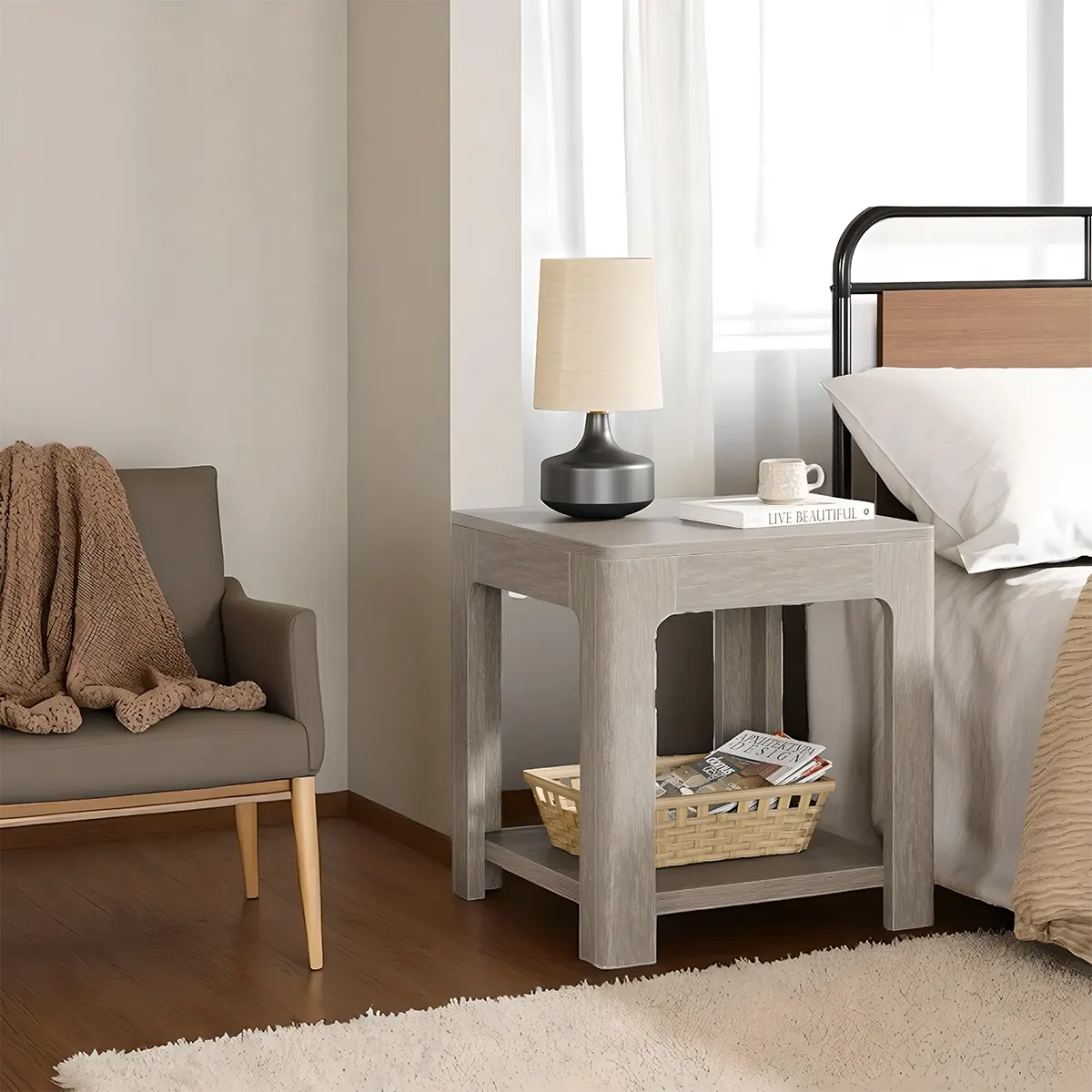 Modern Simple Corner Table, Light Gray Wood Decorative Shelf 