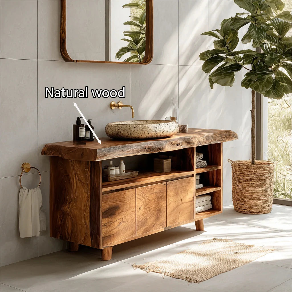 Modern Solid Wood Bathroom Vanity with Live Edge Counter & Storage - Rustira
