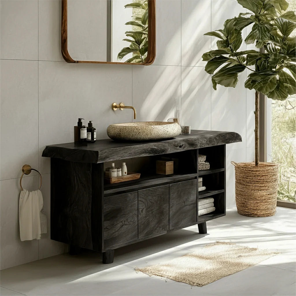Modern Solid Wood Bathroom Vanity with Live Edge Counter & Storage - Rustira