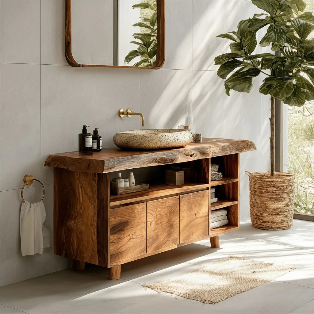 Modern Solid Wood Bathroom Vanity with Live Edge Counter & Storage - Rustira