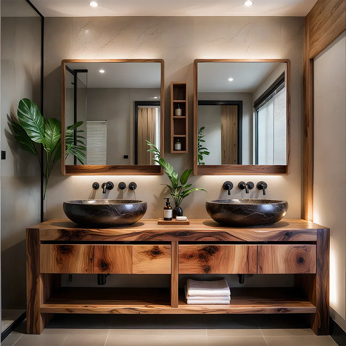 Modern Twin-Basin Natural Solid Wood Bathroom Vanity - Rustira