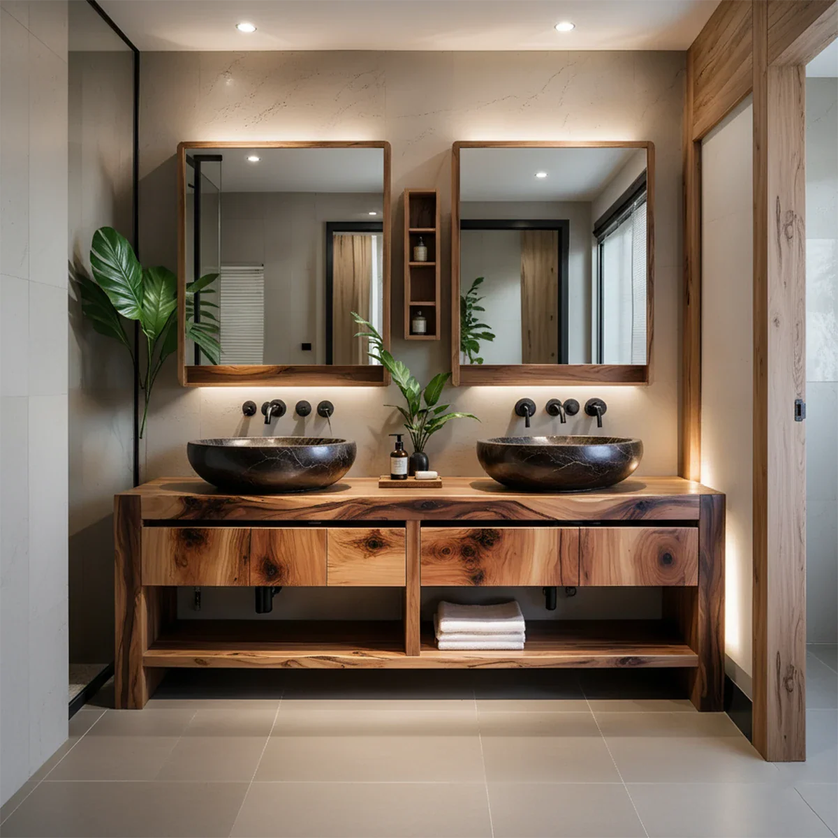 Modern Twin-Basin Natural Solid Wood Bathroom Vanity - Rustira