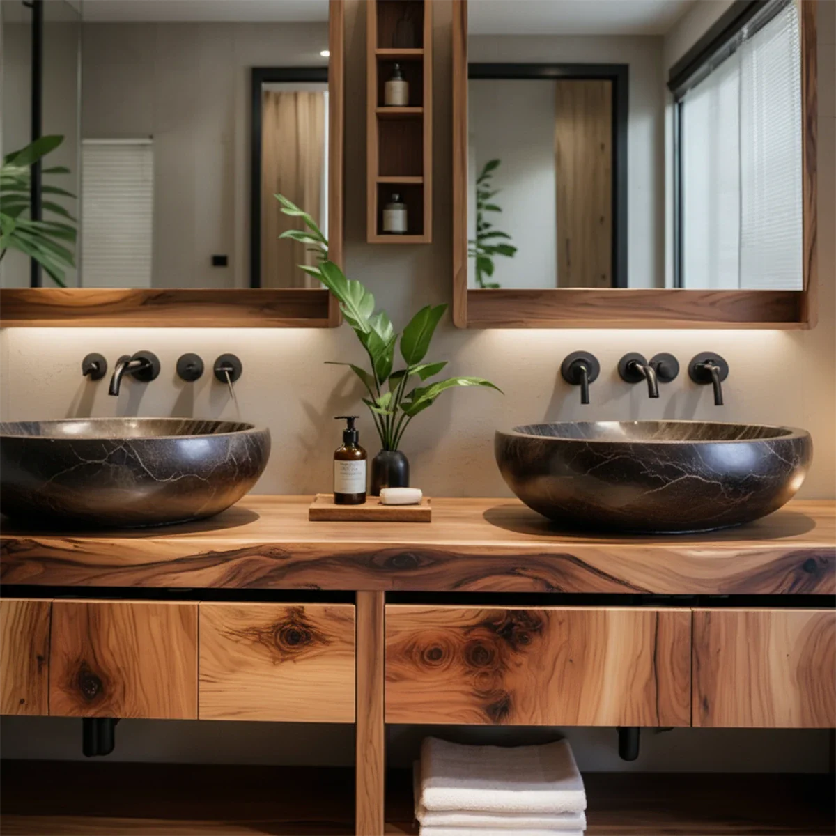 Modern Twin-Basin Natural Solid Wood Bathroom Vanity - Rustira