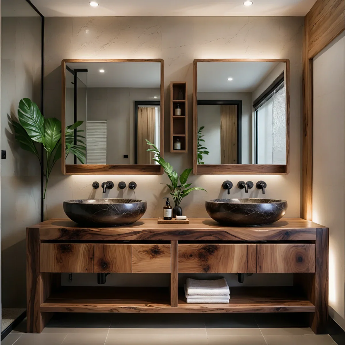 Modern Twin-Basin Natural Solid Wood Bathroom Vanity - Rustira