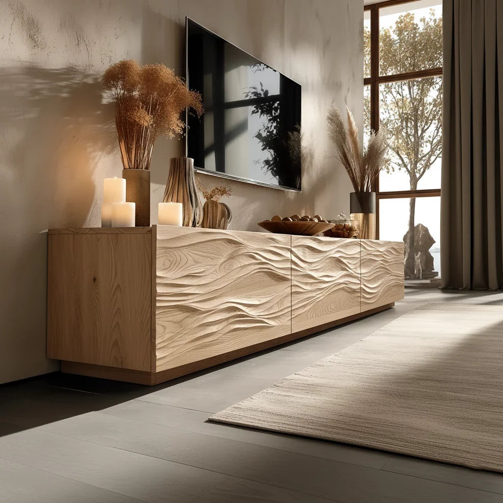 Modern Wavy Solid Wood TV Stand – Sculpted Minimalist Media Console - Rustira