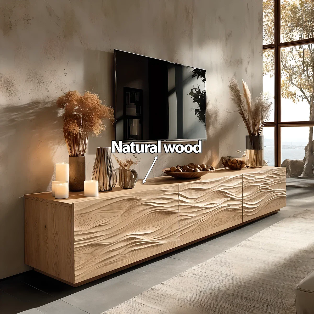 Modern Wavy Solid Wood TV Stand – Sculpted Minimalist Media Console - Rustira