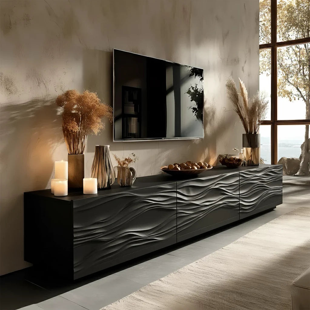 Modern Wavy Solid Wood TV Stand – Sculpted Minimalist Media Console - Rustira