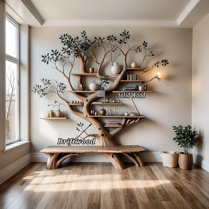 Modern bookshelf, handmade tree shaped bookshelf made of solid natural wood 