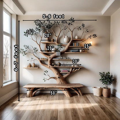 Modern bookshelf, handmade tree shaped bookshelf made of solid natural wood 