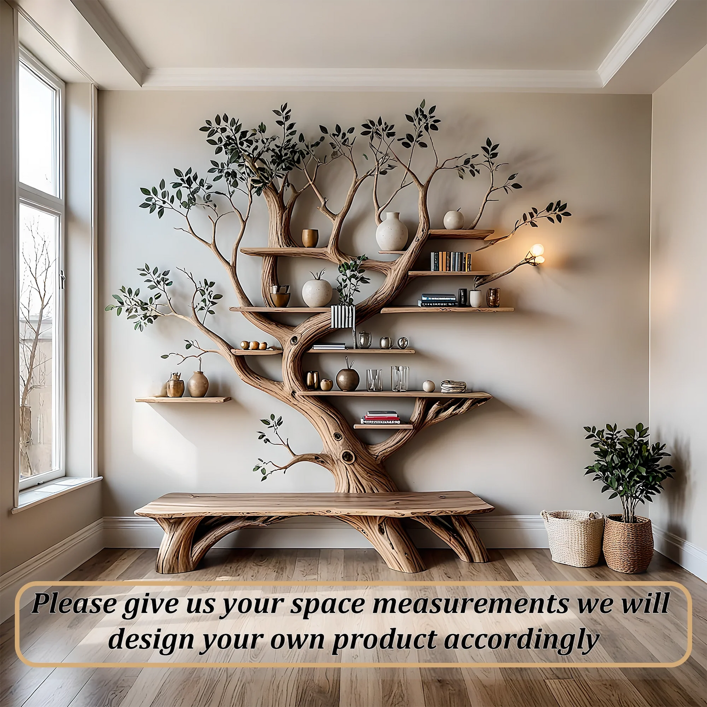 Modern bookshelf, handmade tree shaped bookshelf made of solid natural wood 