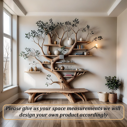 Modern bookshelf, handmade tree shaped bookshelf made of solid natural wood 
