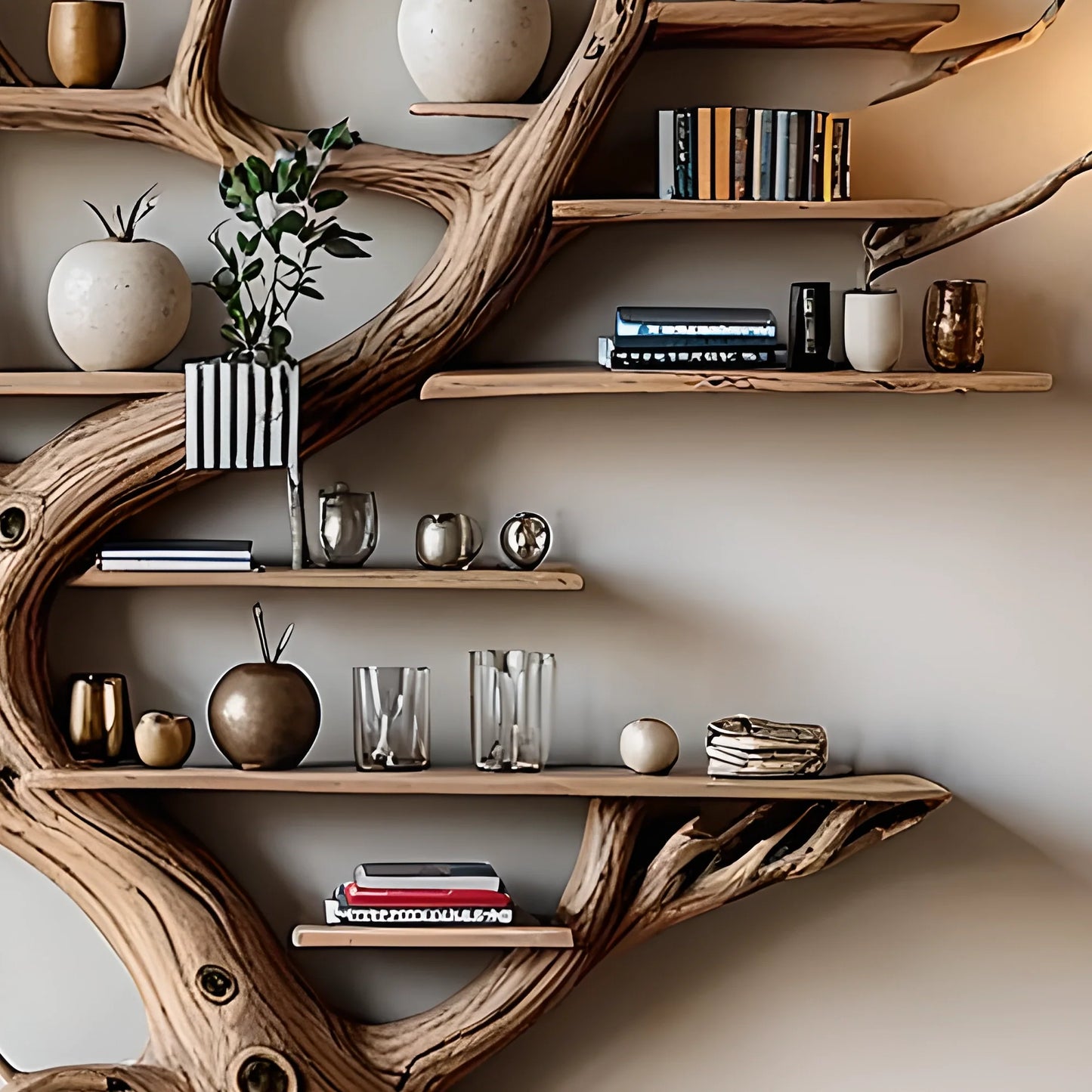 Modern bookshelf, handmade tree shaped bookshelf made of solid natural wood 