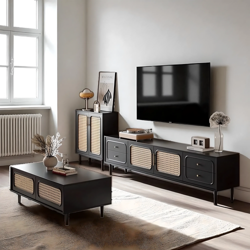 Modern, high-class solid wood TV shelf & tea table with rattan woven 