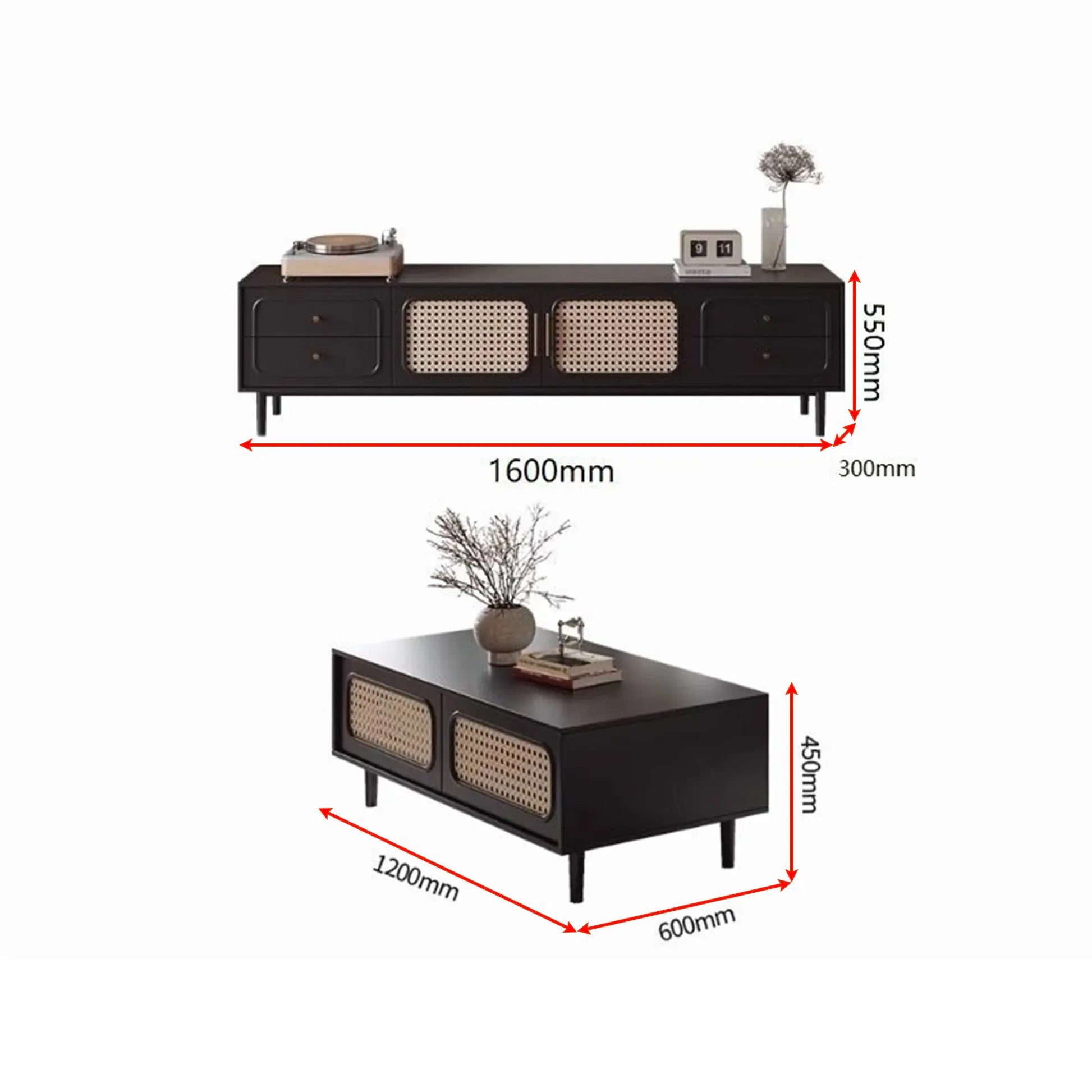 Modern, high-class solid wood TV shelf & tea table with rattan woven 