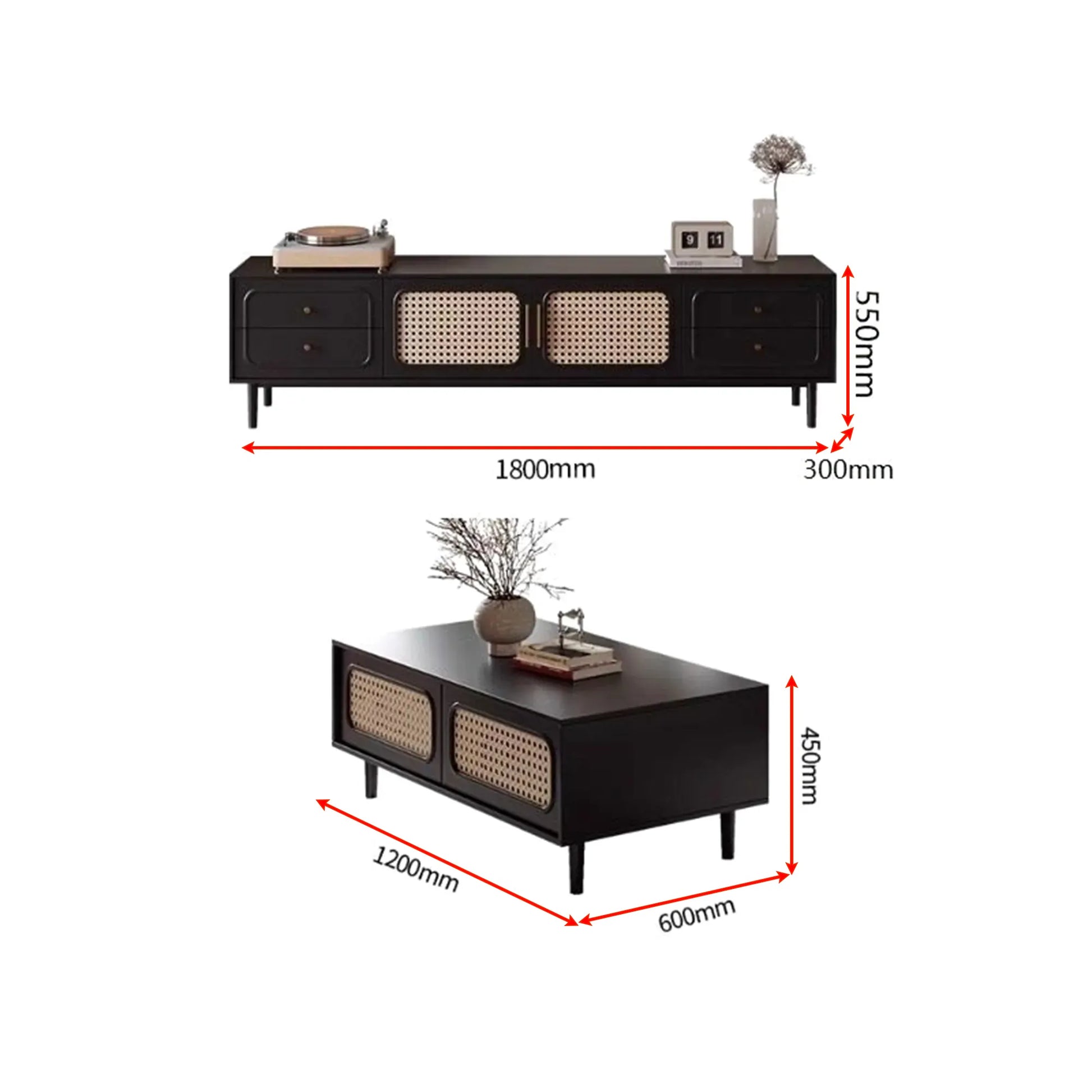 Modern, high-class solid wood TV shelf & tea table with rattan woven 