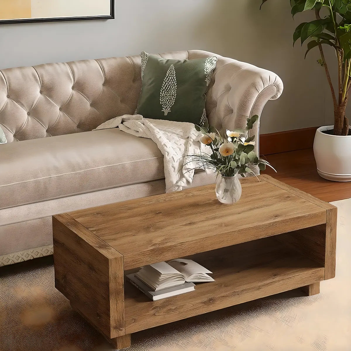 Modern natural wood tea table – 1 shelf, size 120×60×45cm. Sophisticated Nordic style 