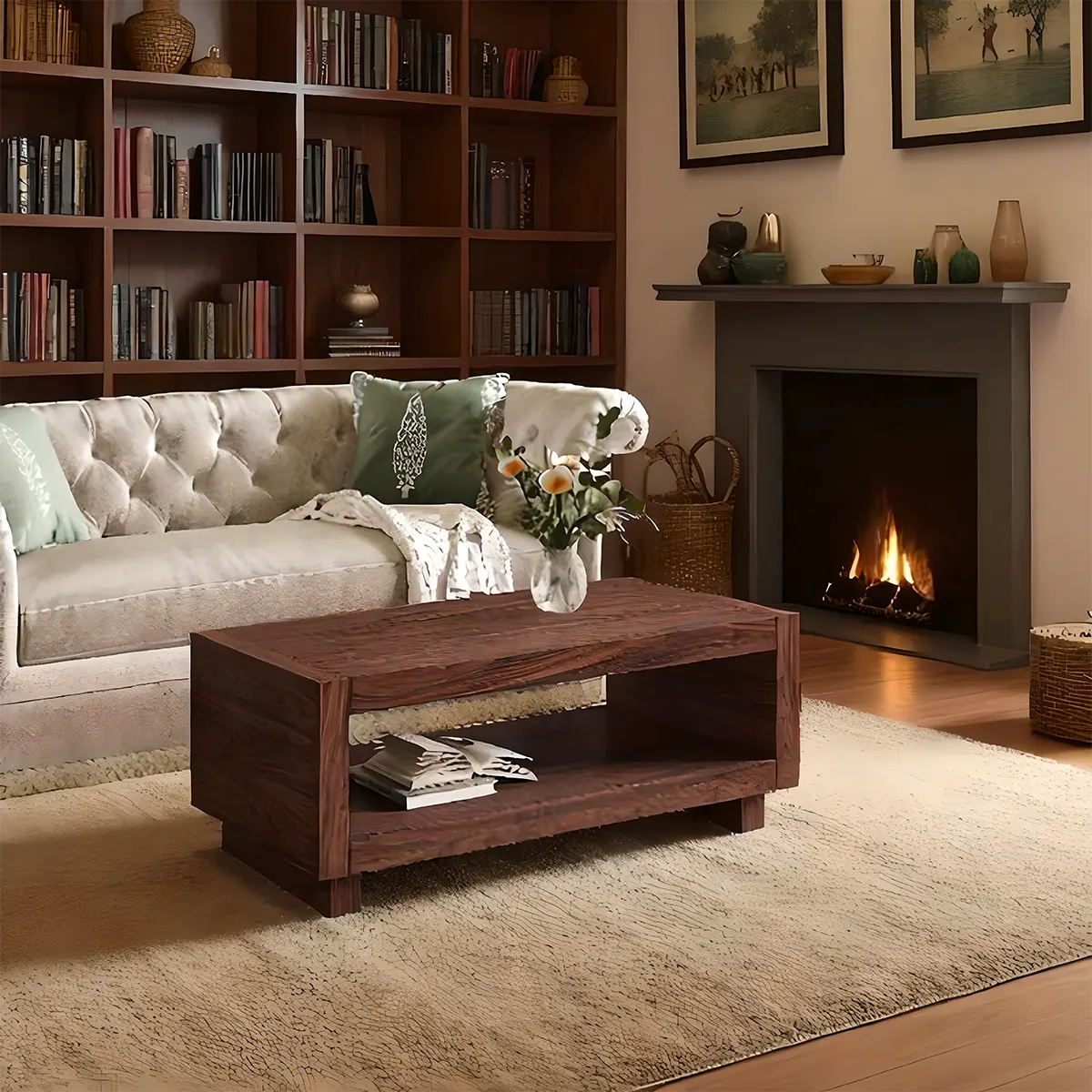 Modern natural wood tea table – 1 shelf, size 120×60×45cm. Sophisticated Nordic style 