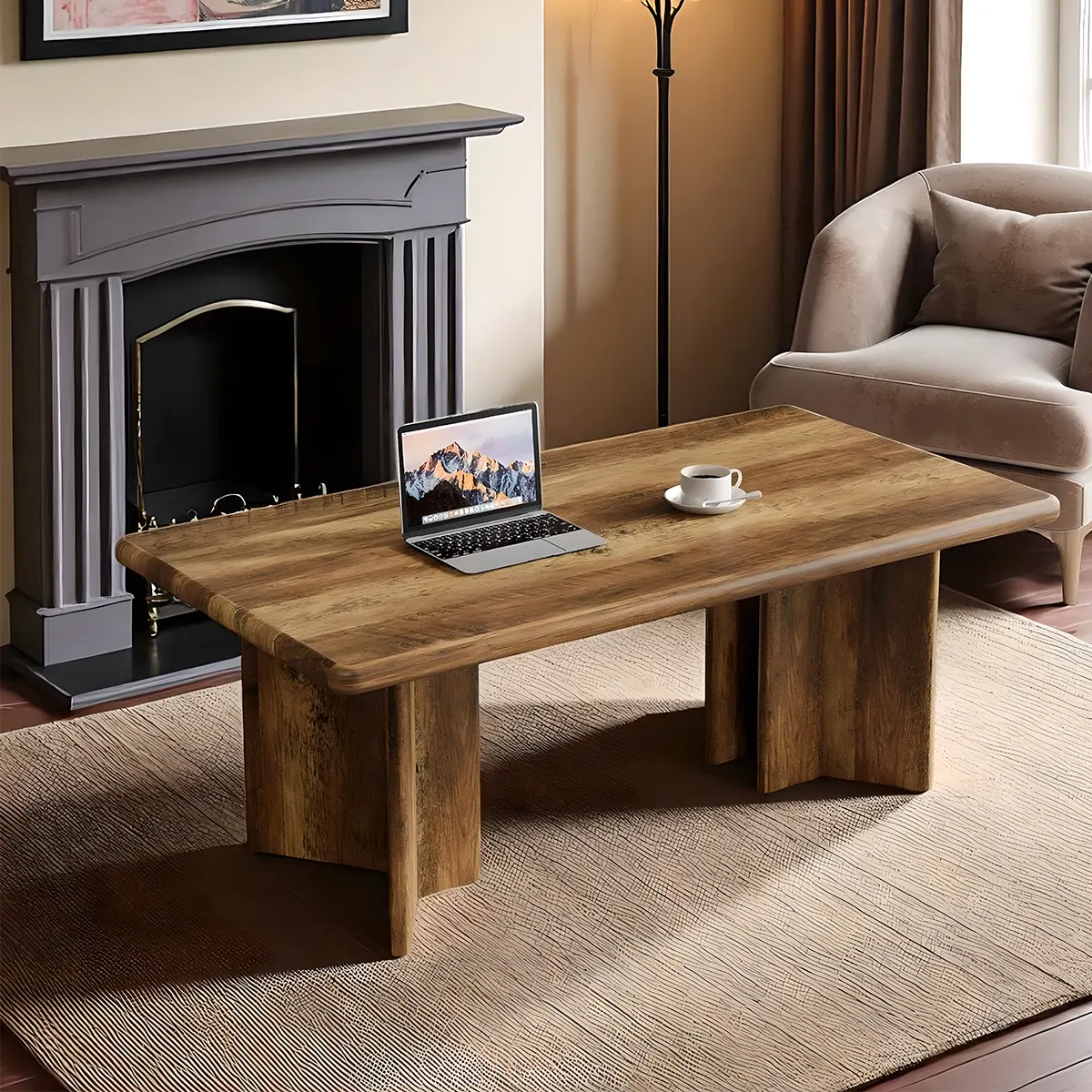 Modern natural wood tea table, Unique column leg design 