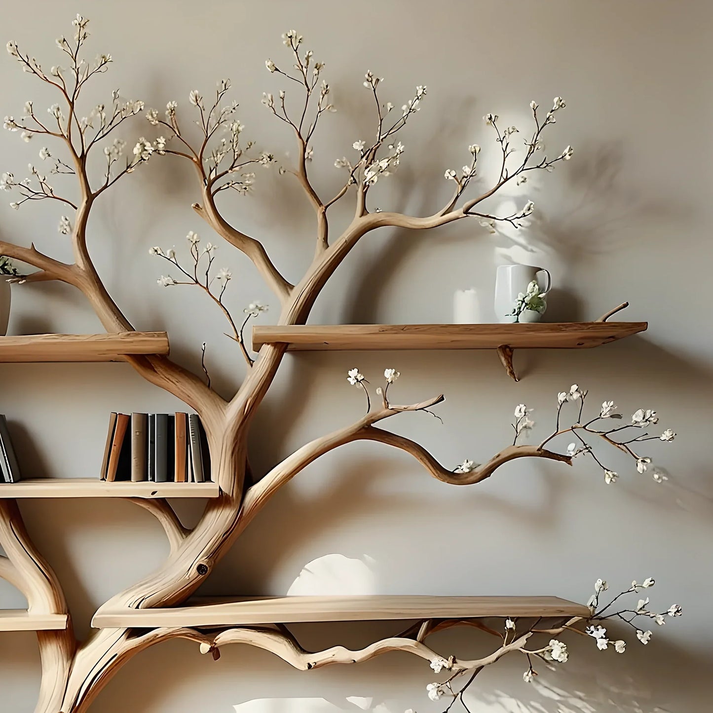 Modern rustic bookshelf in tree shape. Perfect for living rooms, nurseries, or reading nooks. 
