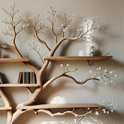 Modern rustic bookshelf in tree shape. Perfect for living rooms, nurseries, or reading nooks. 