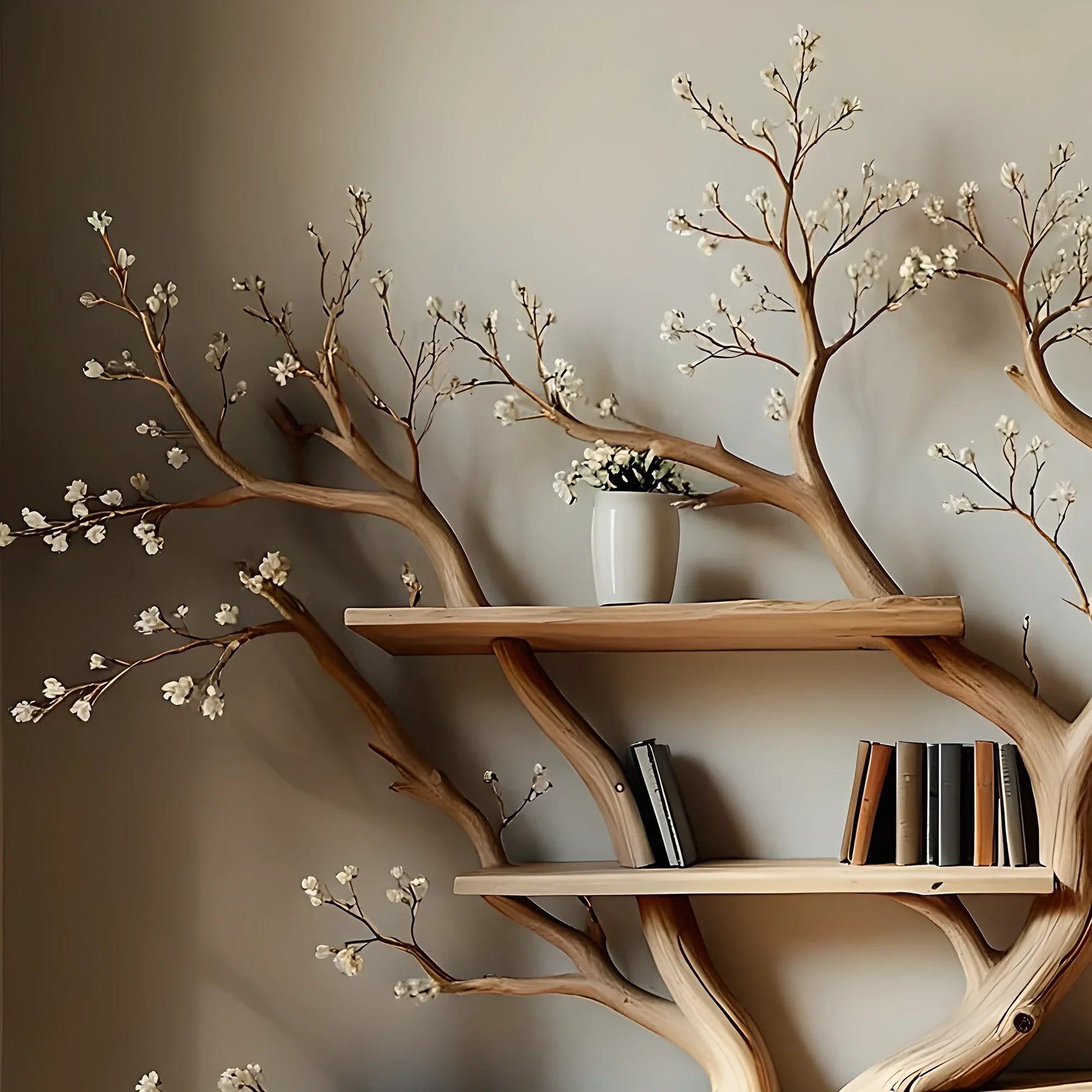 Modern rustic bookshelf in tree shape. Perfect for living rooms, nurseries, or reading nooks. 