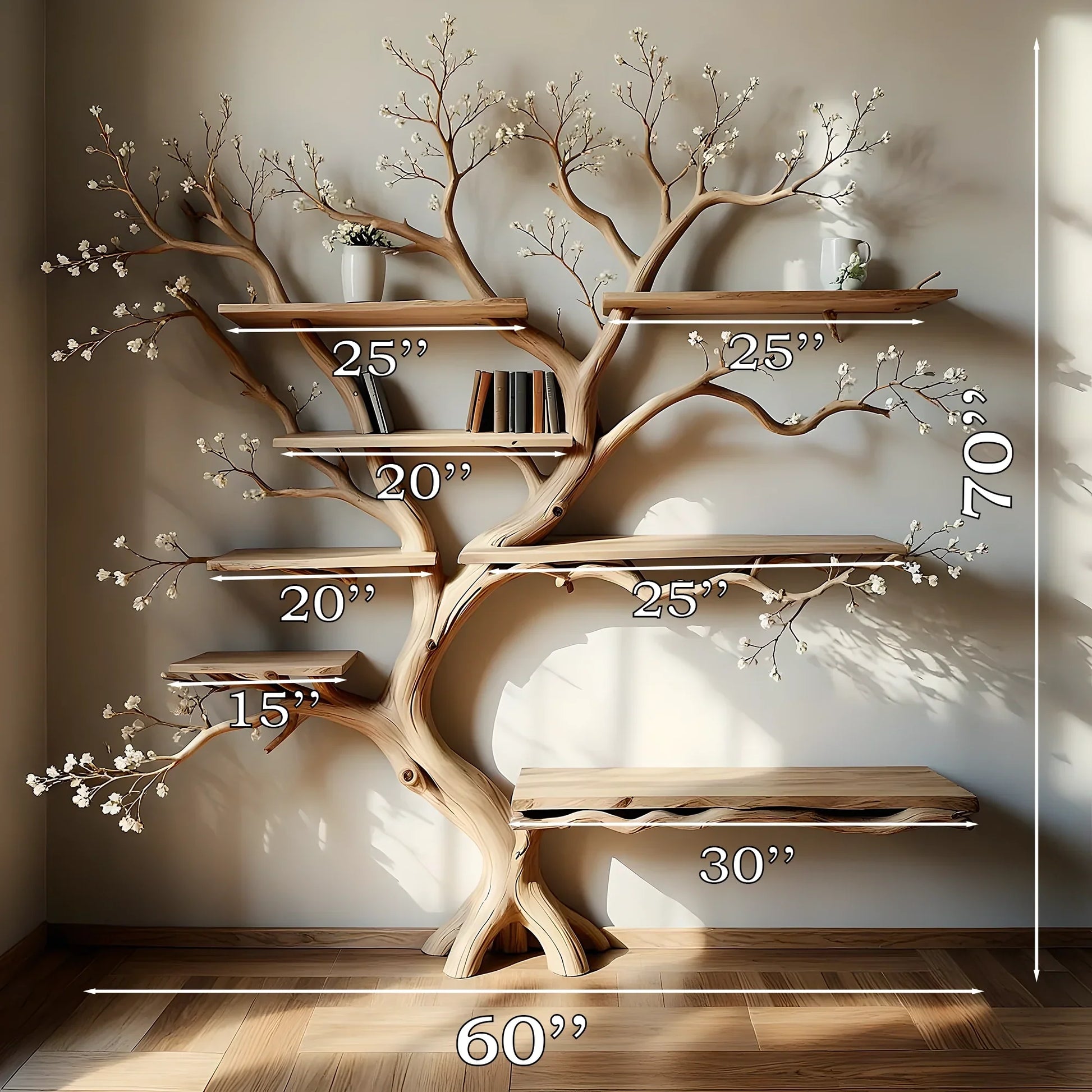 Modern rustic bookshelf in tree shape. Perfect for living rooms, nurseries, or reading nooks. 
