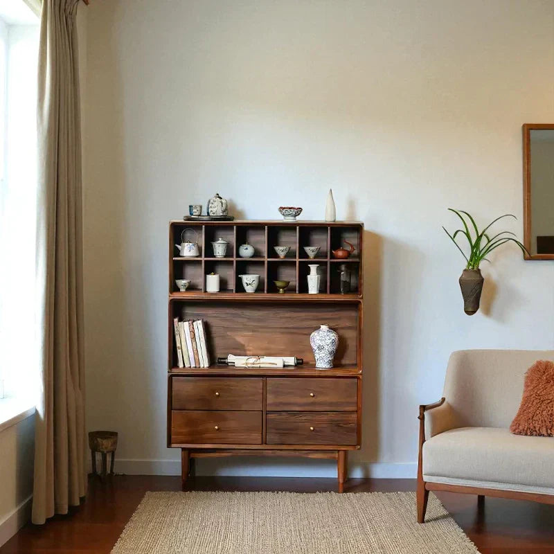 Multi-Compartment Wooden Tea Cabinet – Solid Wood Storage - Rustira
