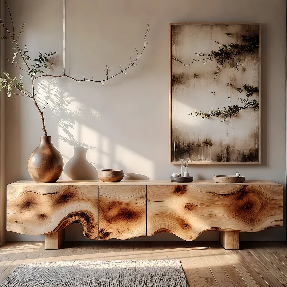 Natural Burl Flow Solid Wood TV Console – Wabi Sabi Organic Design - Rustira
