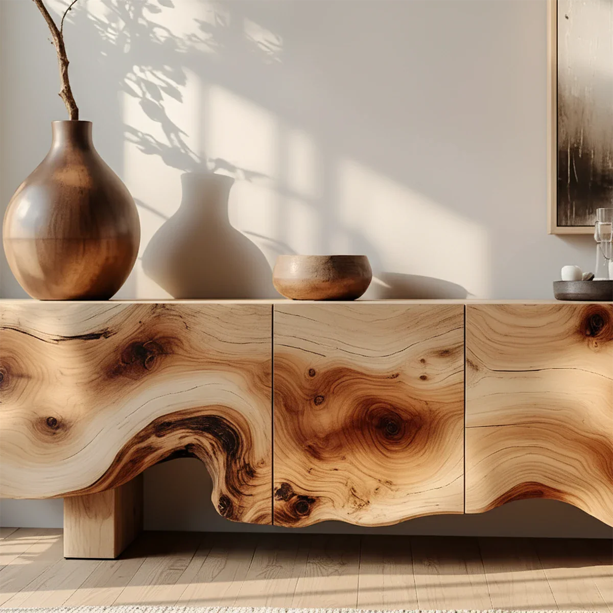 Natural Burl Flow Solid Wood TV Console – Wabi Sabi Organic Design - Rustira