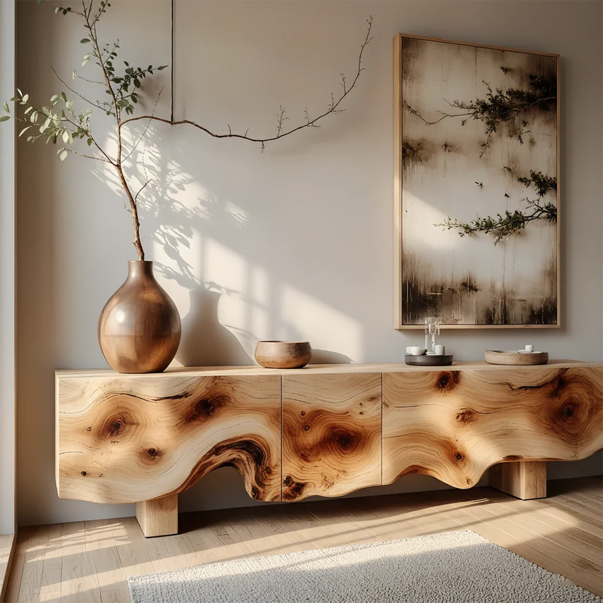 Natural Burl Flow Solid Wood TV Console – Wabi Sabi Organic Design - Rustira